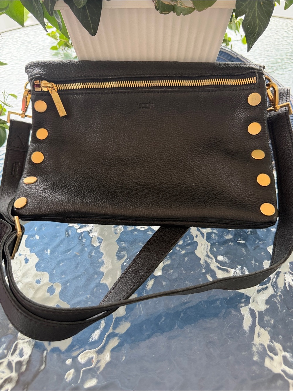 Hammitt Black Leather Crossbody with Gold Studs